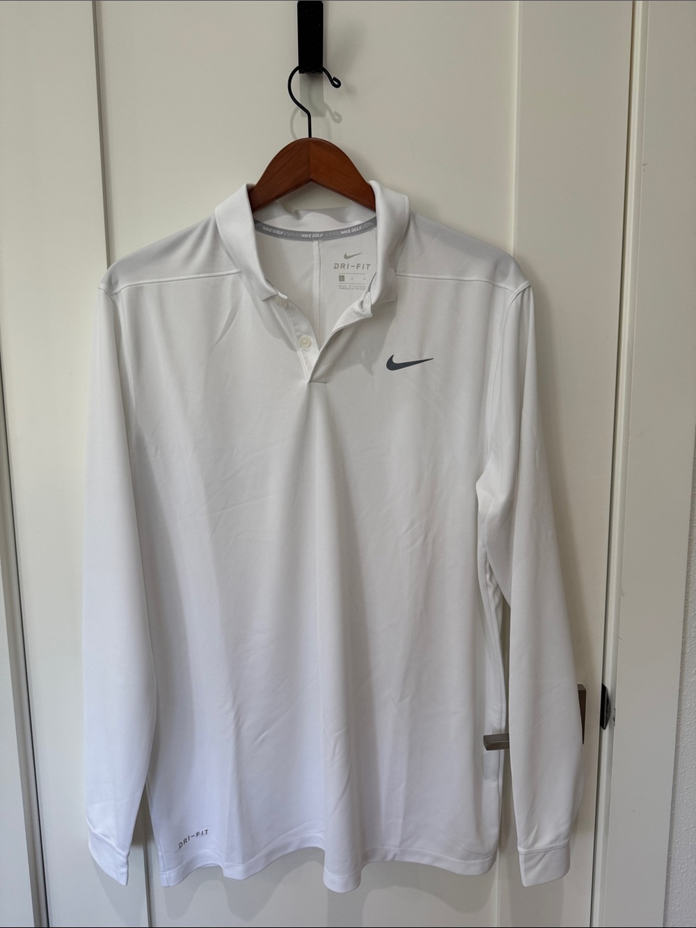 Men’s Nike White Long Sleeve Dri-FIT Polo with Gray Swoosh